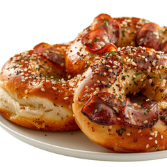 Delicious fresh bagels topped with smoked salmon and sesame seeds on a white plate ready to serve