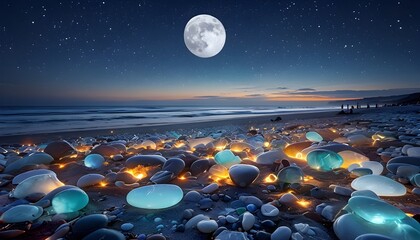 twilight beach scene with polished stones and moonlight