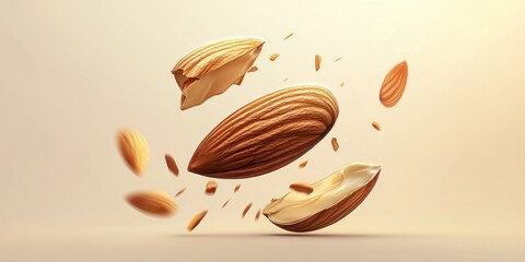 Fototapeta premium Realistic 3D Icon Cartoon of A Hovering Almond with a Smooth Shell and a Few Broken Pieces on a Light Beige Background