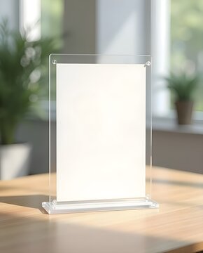 clear acrylic sign holder, blank sign display, transparent sign stand, table sign mockup, sign holder on wood, empty signage frame, menu holder, business signage, tabletop display stand, clear plastic