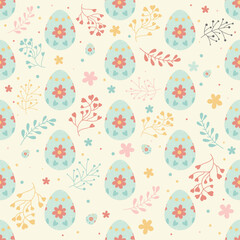Easter egg seamless pattern, blue egg with flower, plant decoration