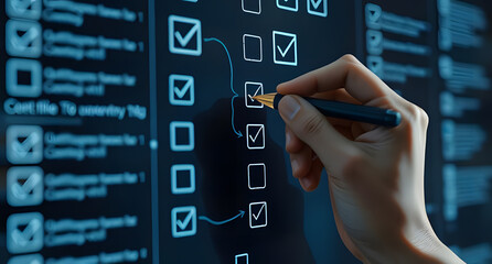 Marking Digital Checklist with Pen on Interactive Screen for Task Management