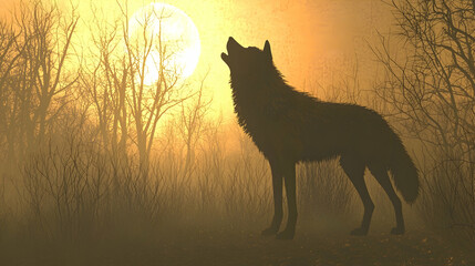 Fototapeta premium Lone wolf howling at sunset in misty forest, digital art for fantasy or game design
