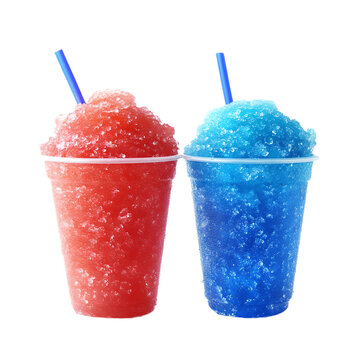 two frozen red and blue slushy in plastic cups on transparent background