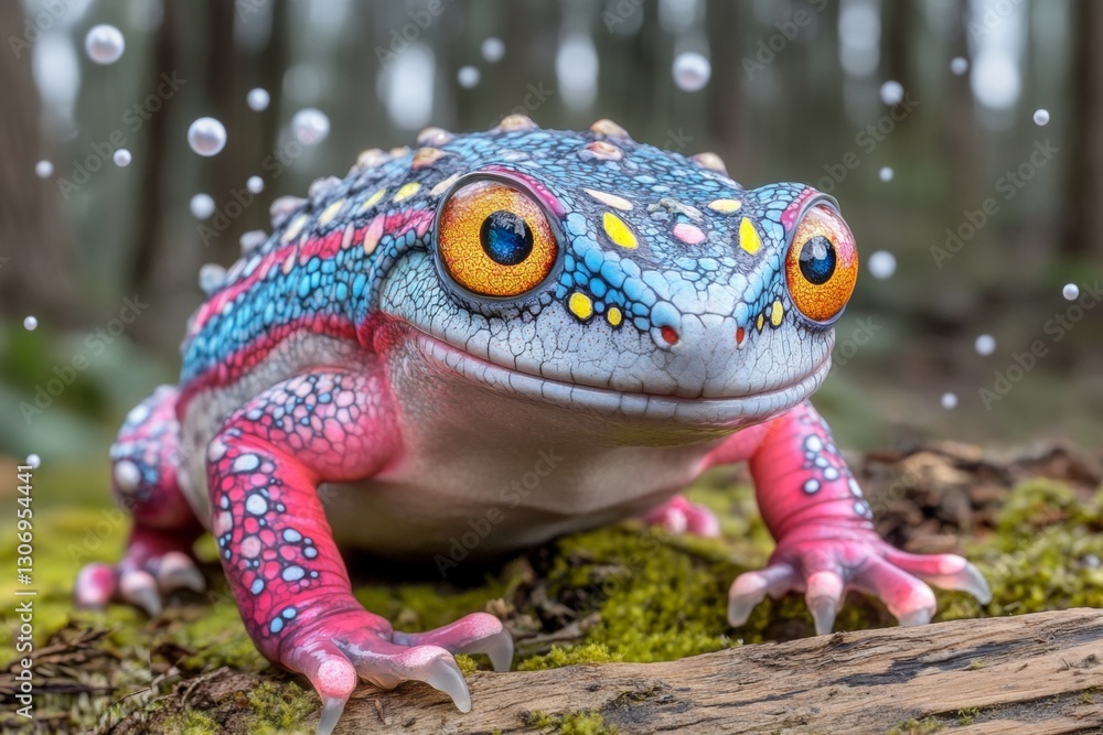Poster a magical amphibian glowing with mystical energy, surrounded by tiny floating orbs of light