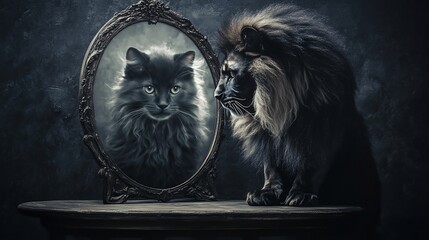 Lion gazing at feline reflection in antique mirror