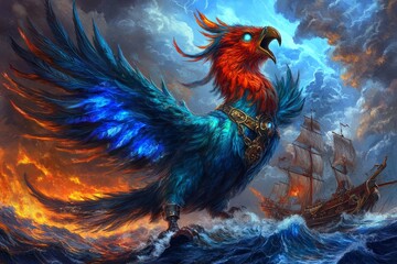 Obraz premium A magical seabird with glowing feathers, guiding lost sailors through a stormy ocean