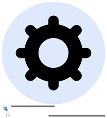 Large black gearwheel inside a soft blue circle. Minimalistic theme. Small figure with a tool in the corner. Ideal for technology, process, automation, settings, innovation teamwork strategy. Flat