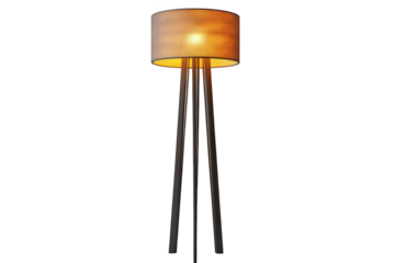 stylish floor lamp with a cylindrical shade and three slender legs. designed to provide ambient lighting in a modern setting the warm glow emanating from the lamp creates a cozy atmosphere. making it