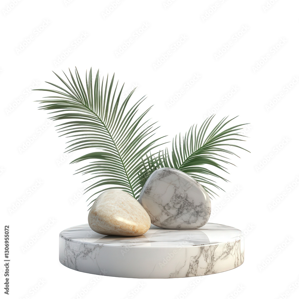 Poster minimalist display with two smooth. rounded stones resting on a circular marble pedestal. accompanie