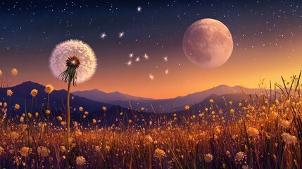A whimsical field scene with a dandelion and full moon