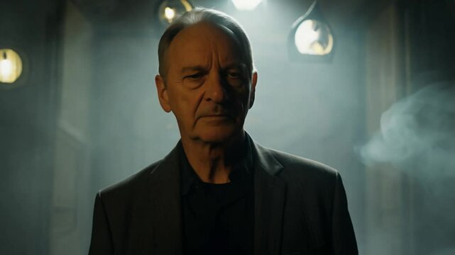 Dolly zoom in video of a mysterious man in a smoky backroom, gobo lighting, establishing scene, serious expression