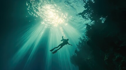 A dreamlike underwater scene with a diver silhouetted against the glowing sun above.