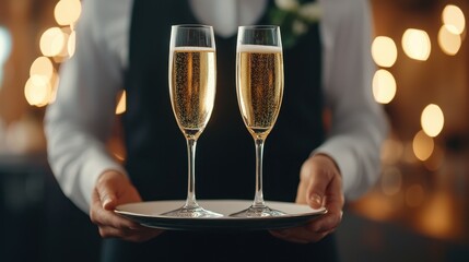 Elegant Waiter Serving Champagne Flutes on a Plate Against a Softly Lit Background During a Celebration