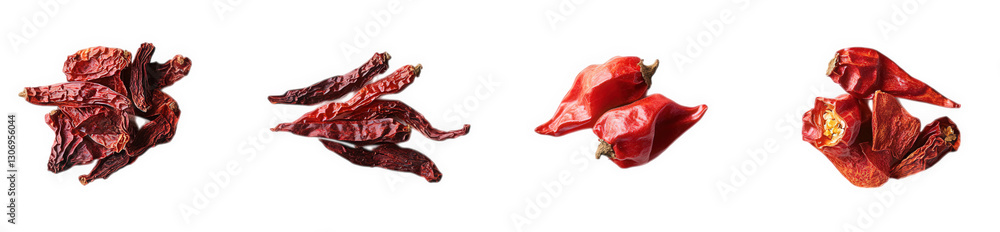 Poster a variety of dried red chilies arranged in a row. highlighting their different shapes and sizes this