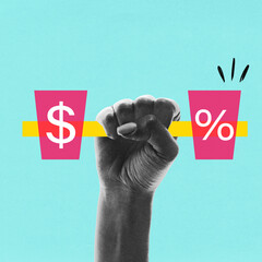 Raised fist gripping financial symbols, dollar sign one one side and percentage on another. Balance...