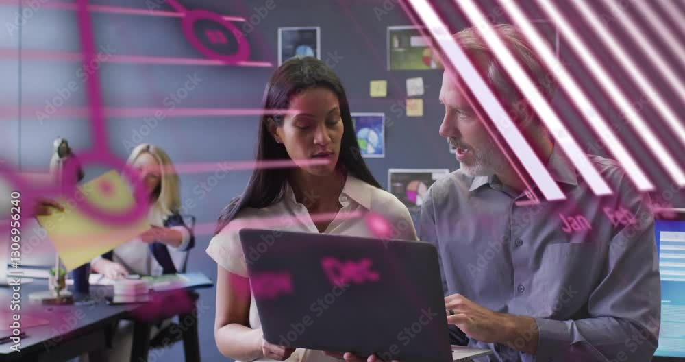 Poster collaborating in office, business professionals using animation for data visualization