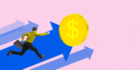 Businessman in yellow shirt running towards golden coin on rising blue arrow. Financial success and...