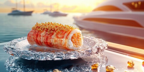 Realistic 3D Icon Cartoon of A Lobster Roll with Caviar and Gold Flakes on a Crystal Plate with a Luxury Yacht Party Background
