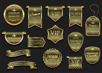 Golden luxury labels and badges gold and dark green premium quality certificate ribbons vector illustration 