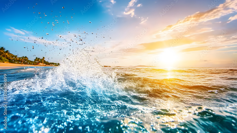 Poster a vibrant sunset over a sparkling ocean, with splashing waves and a clear sky, creating a serene bea