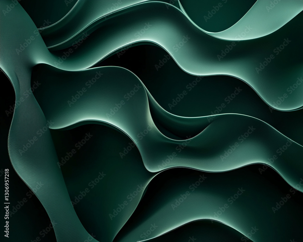 Poster Abstract image of dark-green, wavy textile texture creating a flowing, dynamic visual effect, showcasing depth and movement, ideal for backgrounds or graphic design