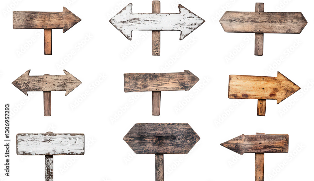 Poster a collection of rustic wooden directional signs. varying in size and style. some with weathered pain
