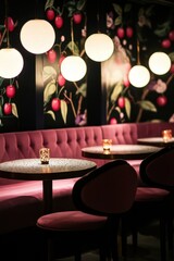 Cozy Elegant Cafe Interior with Cherry-Themed Decor and Elegant Lighting