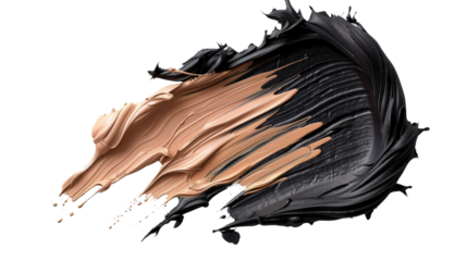 Creative abstract art featuring a dramatic swirl of beige and black paint with a textured finish on a white background