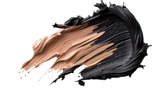 Creative abstract art featuring a dramatic swirl of beige and black paint with a textured finish on a white background - Powered by Adobe