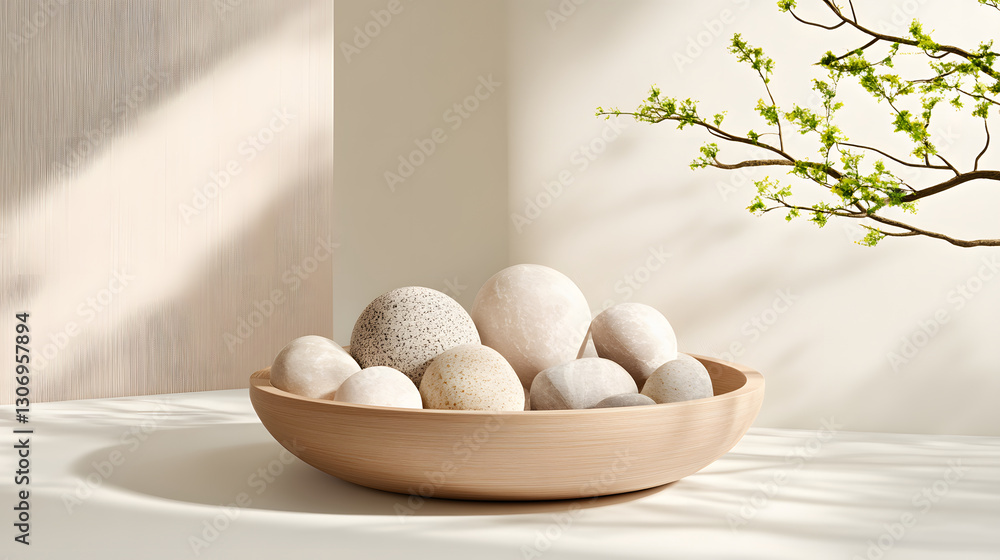 Poster a serene arrangement of decorative eggs in a wooden bowl, complemented by soft natural light and a d
