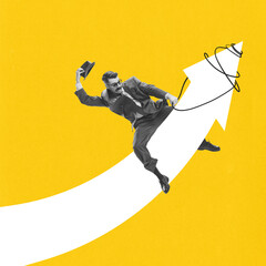 Man in suit riding white arrow upwards, holding hat with dynamic motion. Concept of business...