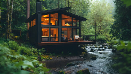 A small, modern modular home with wood and black steel accents.