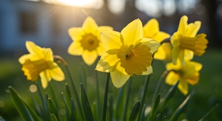 Obraz premium Golden Daffodils Blooming Under Warm Spring Sunlight
