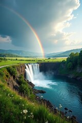 Full rainbow over tranquil dam, farmland backdrop, serene landscape, water, tranquil