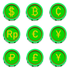Icon Set Coin. Vector set of green coin. Yuan, Yen, Rupiah, pound, bitcoin, crypto.