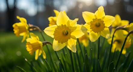 Fototapeta premium Golden Daffodils Blooming Under Warm Spring Sunlight