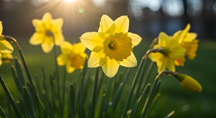 Obraz premium Golden Daffodils Blooming Under Warm Spring Sunlight
