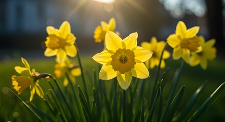 Obraz premium Golden Daffodils Blooming Under Warm Spring Sunlight