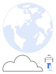 Earth illustration above a cloud with a hand accessing data via a secured digital interface. Ideal for technology, security, global connectivity, cloud computing, data access, digital transformation