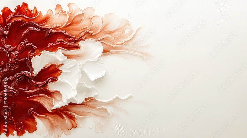 Poster abstract flow of red and white paint on light background creating textured art