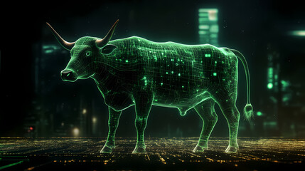 Glowing Green Cow on Circuit Board with City Night Background