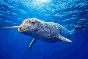 A narwhal gliding through the Arctic sea, its long spiral tusk cutting through the water