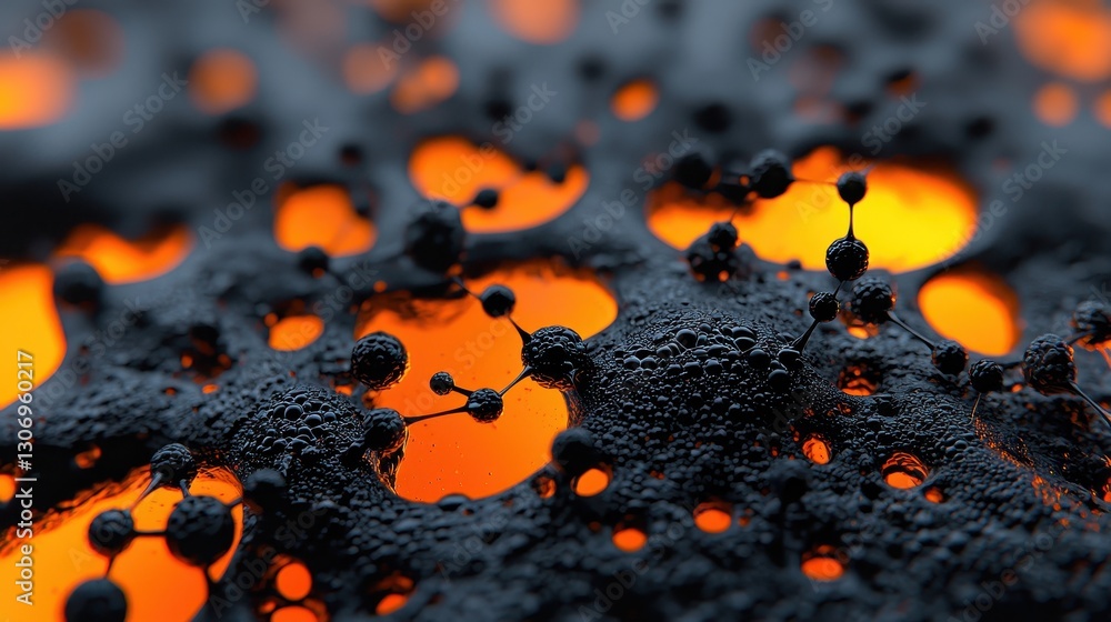 Poster intricate abstract texture of dark surface with glowing orange highlights and floating spheres