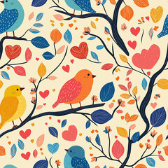 Whimsical lovebirds and branches seamless pattern for Valentine's Day background design