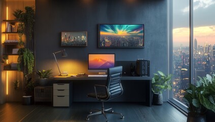Modern urban home office with city view