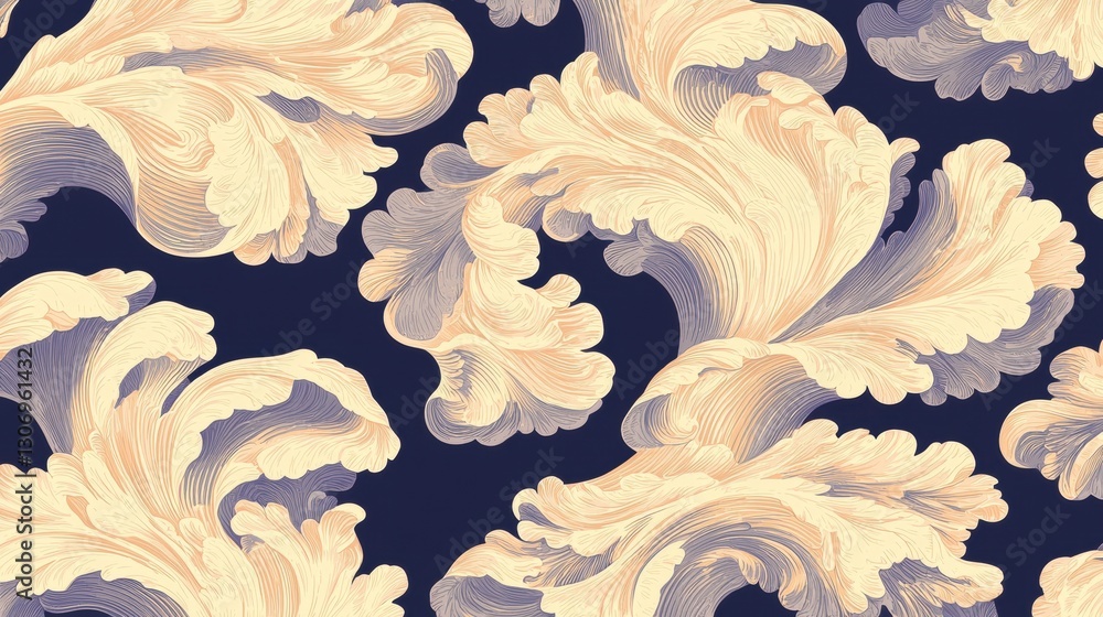 Poster seamless pattern with a dark blue background. the pattern is made up of multiple large, wavy shapes 