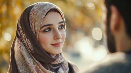 24.A tender moment of a woman in a traditional hijab gazing lovingly at a man, captured with soft tones and a blurred, tranquil backdrop.