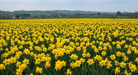 Fototapeta premium Field of Yellow Daffodils Swaying in the Spring Breeze