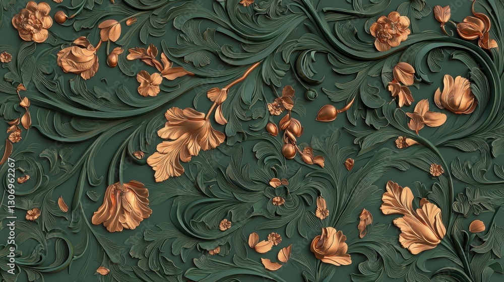 Poster abstract pattern with a dark green background. the pattern is made up of various flowers and leaves 